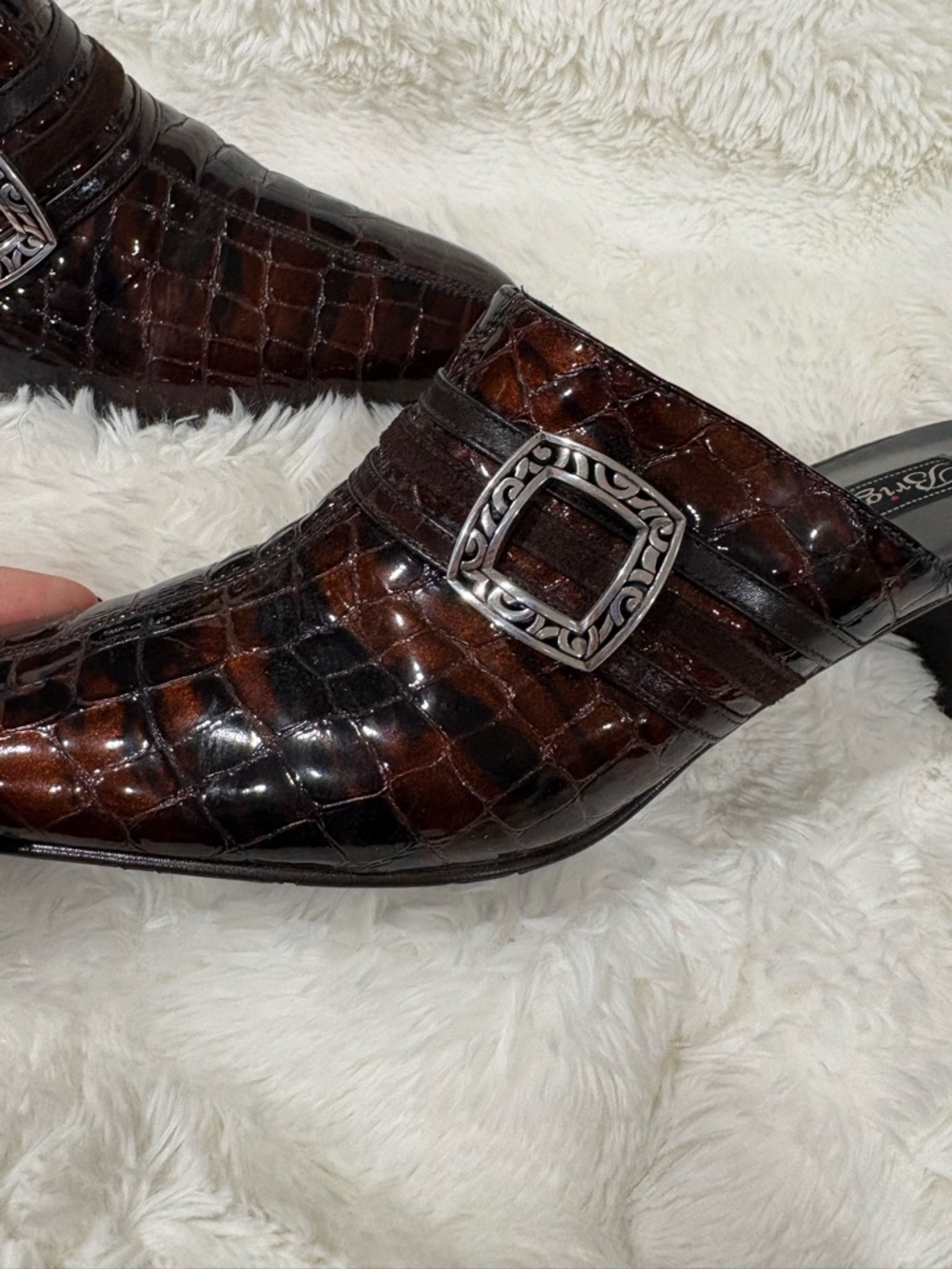 Brighton  Dark Brown Croc-Embossed Slip-On Mules with Silver Buckle - Picture 5 of 12